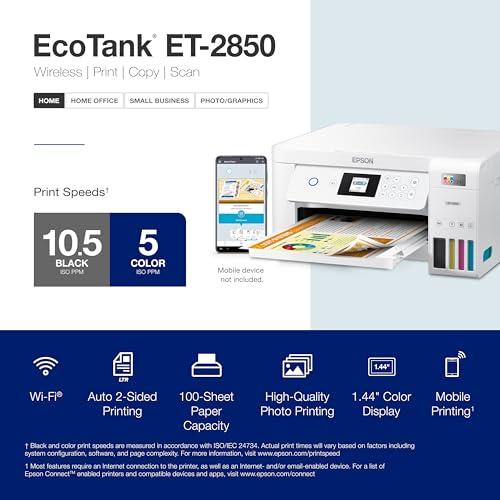 毎日大量出品 EcoTank ET-2850 Wireless Color All-in-One Cartridge-Free Supertank Printerスキャン、コピー、自動両面印刷対応。フル1年間限定-ホワイト (更新プレミア