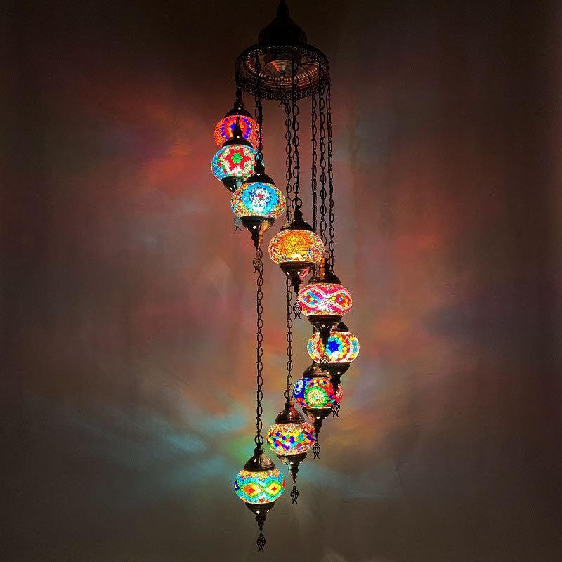 トルコ手作り 吊り下げ照明 9灯式 カラーガラス リビング 寝室 レストラン カフェー ホテル 民宿 バー 階段 飾り 注文販売