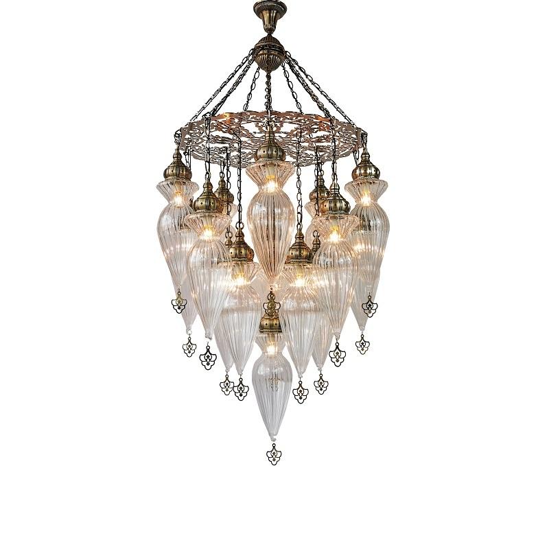 手作りトルコランプ クラックガラス シャンデリア インテリア 直結タイプ 天井照明 南トルコ細工 16灯式