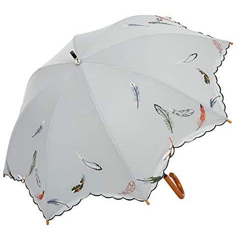 最前線の 日傘 ショート日傘 完全遮光 遮熱 UVカット フェザー 羽 刺繍 かわず張り 涼しい 晴雨兼用傘 特殊2重張り (フェザー・グレー 長がさ) その他キッチン、日用品、文具