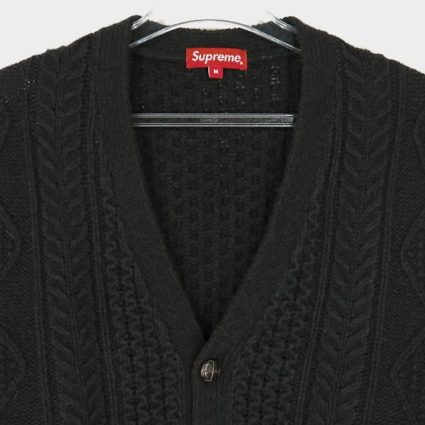 シュプリーム黒S ケーブルニットカーディガン