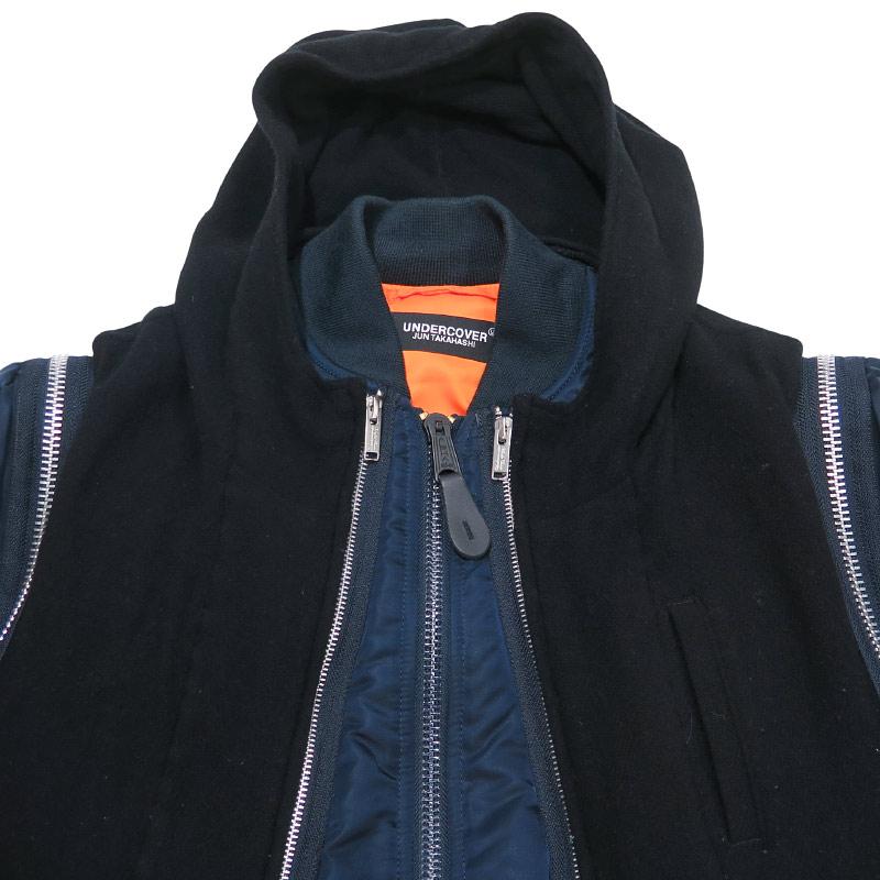 UNDERCOVER アンダーカバー x ALPHA INDUSTRIES アルファ インダストリーズ 縮絨フードベストレイヤードカスタムMA-1コート UC2A4315 アウター ジャケット 紺の画像