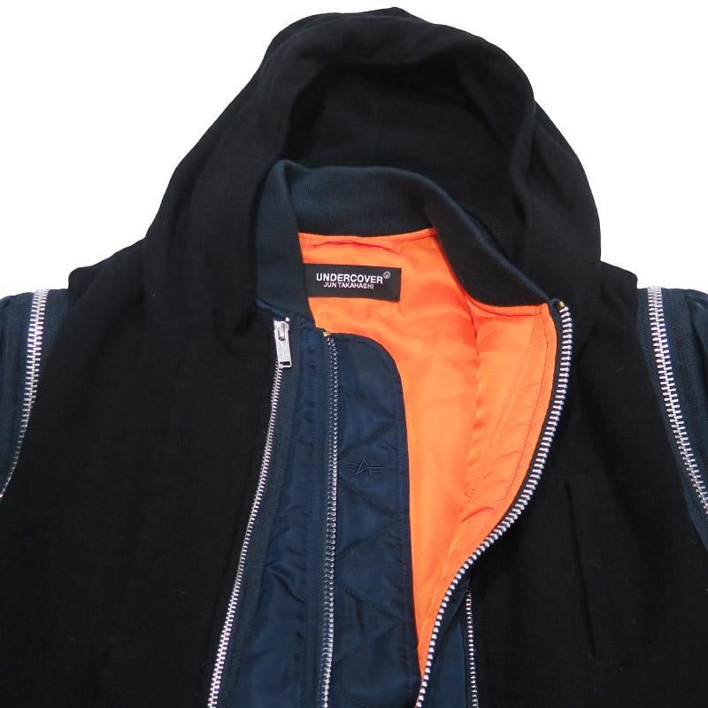 UNDERCOVER アンダーカバー x ALPHA INDUSTRIES アルファ インダストリーズ 縮絨フードベストレイヤードカスタムMA-1コート UC2A4315 アウター ジャケット 紺の画像