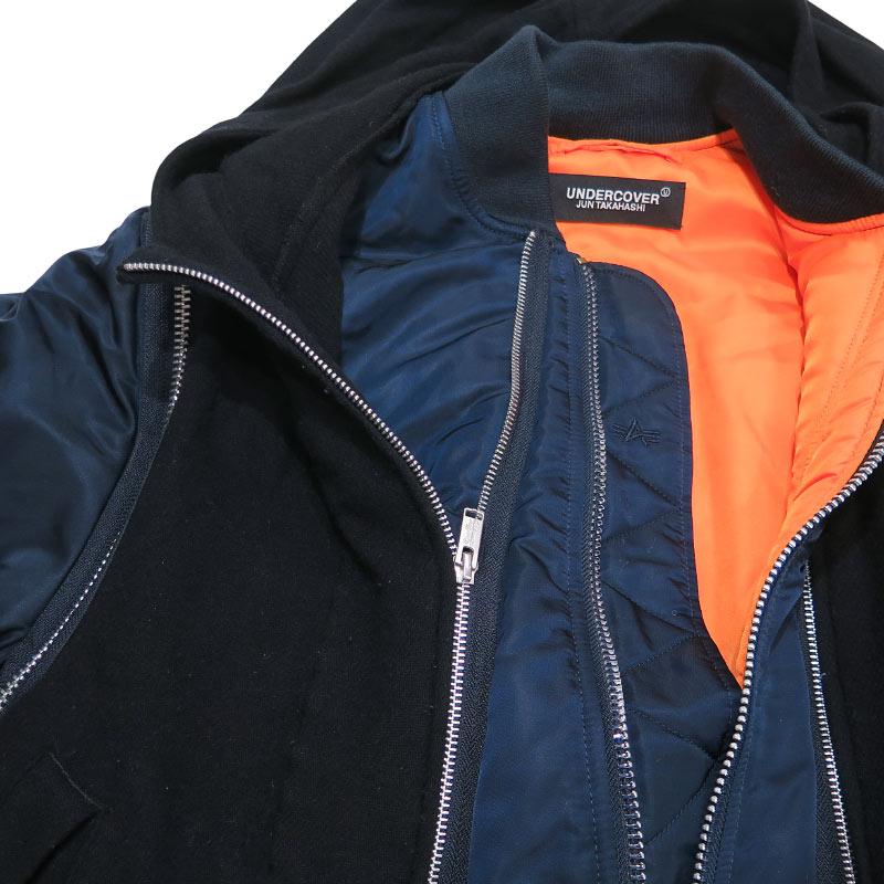 UNDERCOVER アンダーカバー x ALPHA INDUSTRIES アルファ インダストリーズ 縮絨フードベストレイヤードカスタムMA-1コート UC2A4315 アウター ジャケット 紺の画像