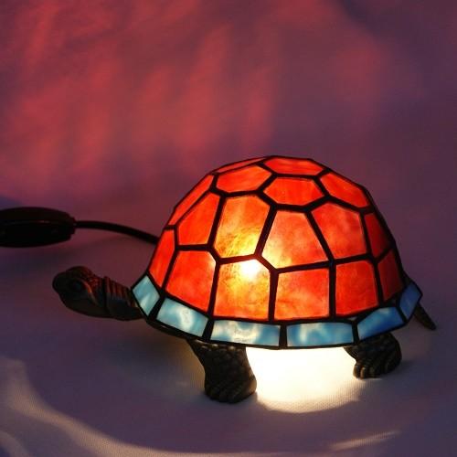ステンドグラス 亀ランプ ゴールドピンクと水色 縁起物の明かり 敬老