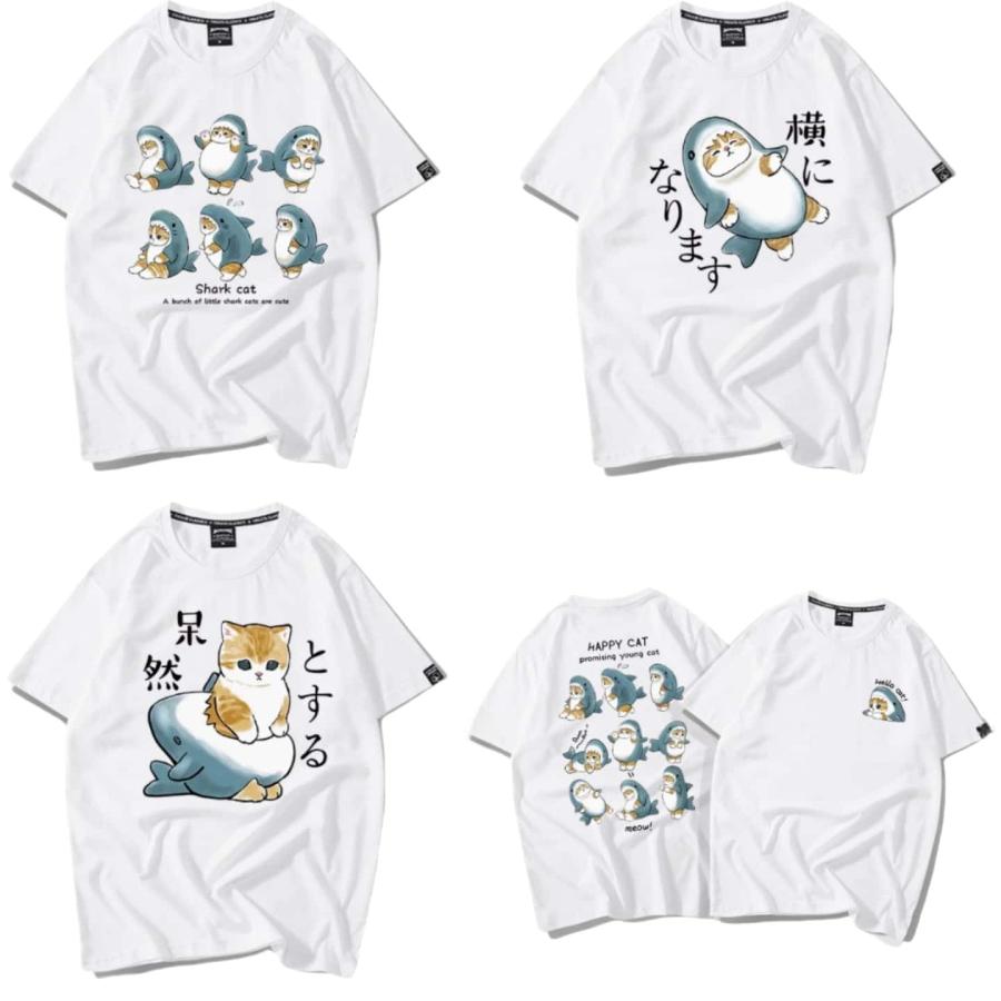 猫＆サメデザインTシャツ モフサンド 半袖 丸首 ゆったり メンズ 夏用カジュアルファッション プレゼント向け の商品画像