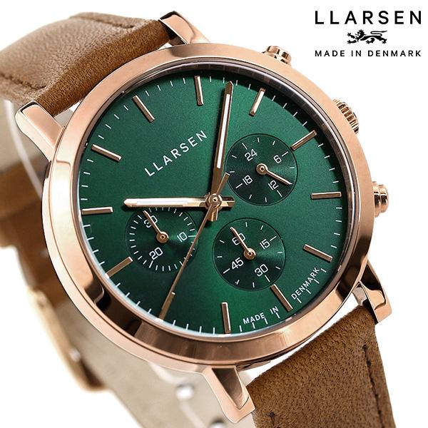 2/18はさらに最大+14倍 エルラーセン 時計 ノア 38mm デンマーク製 クロノグラフ レディース 腕時計 ブランド LL148RFSN グリーン ブラウン 革ベルト