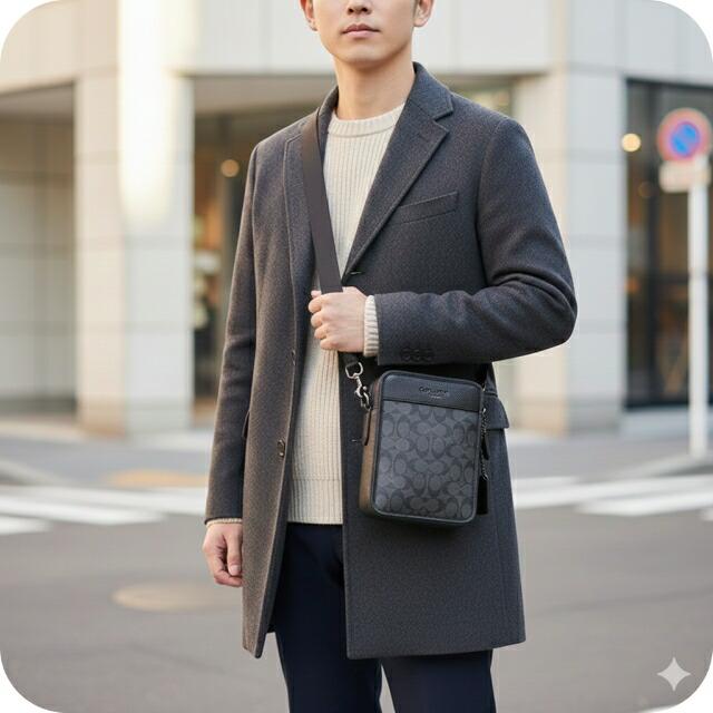 美品☆COACHコーチ ショルダーバッグ シグネチャー ブラック メンズ COACH（コーチ） ショルダーバッグ シグネチャー 縦型 ブラック系