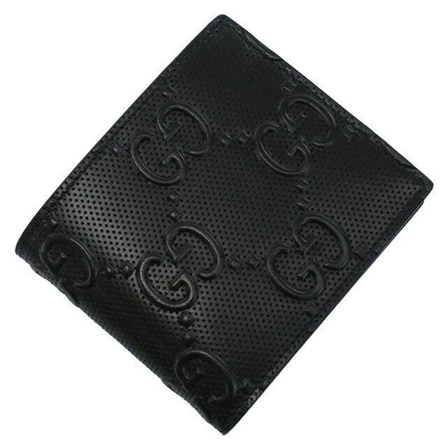 グッチ　折り財布　GGシマレザー　ロゴプレート　バイカラー　コンパクト　ブラック GUCCI（グッチ） 二つ折り財布小銭入付き コンパクト メンズ ブランド