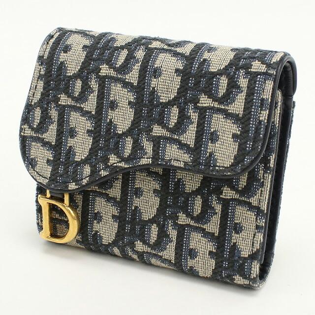 美品 Dior ディオール オブリークジャガード サドルロータス ネイビー 紺 ベージュ ゴールド金具 キャンバス レザー S5653CTZQ 三つ折り財布 ミニ財布 レディース 405537 【中古】 Christian Dior（クリスチャン・ディオール） 中古 ディオール 二折