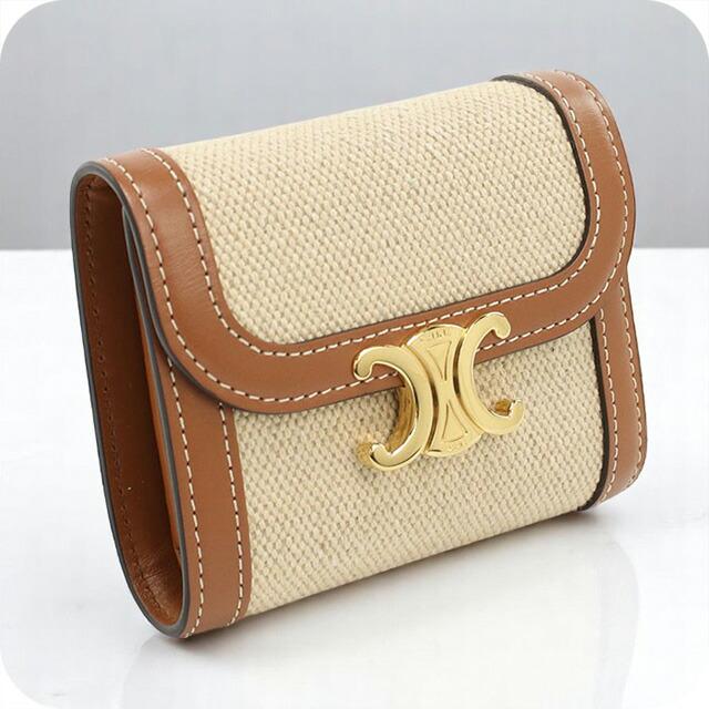 本物 セリーヌ CELINE ロゴ 折財布 コンパクトウォレット レザー ベージュ 財布 ウォレット 中古 CELINE（セリーヌ） 中古 三折財布 レディース ブランド トリオンフ
