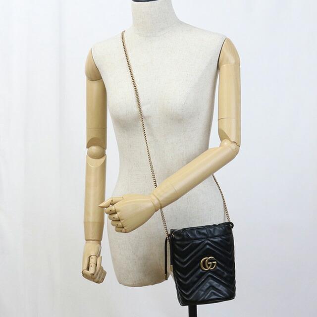 グッチ GGマーモント ミニ バケット ショルダーバッグ 575163 本革 ブラック×ゴールド系 GUCCI 超美品 Th1004331 中古 グッチ チェーンショルダーバッグ GGマーモント ミニバケットバッグ