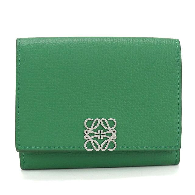 LOEWE（ロエベ）アナグラム トライフォールド ウォレット 三つ折り財布 グリーン レザー シルバー金具 コンパクト レディース【中古】 LOEWE（ロエベ） アナグラム トライフォールド ウォレット 三つ折り