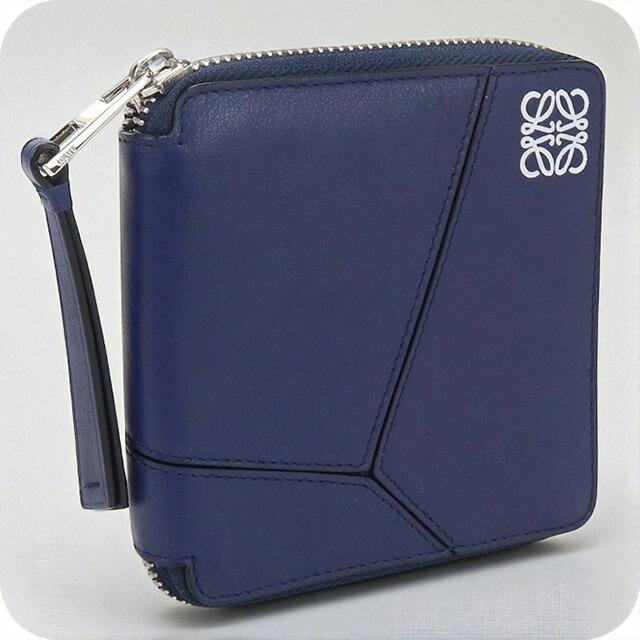 美品/LOEWEロエベ 二つ折り財布 アナグラム レザー ネイビー LOEWE（ロエベ） アナグラム レザー 二つ折り財布 レザー スタッズ 黒
