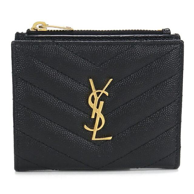✨美品✨イヴサンローラン　カサンドラ刺繍バイフォールドウォレット　ブラック SAINT LAURENT 中古 サンローラン 二つ折り財布 コンパクト レディース