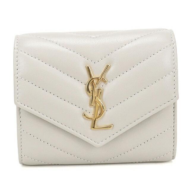  イヴ・サンローラン カサンドラ 三つ折り財布コンパクトホワイト ゴールド SAINT LAURENT 中古 サンローラン 三つ折り財布 コンパクト 三折財布