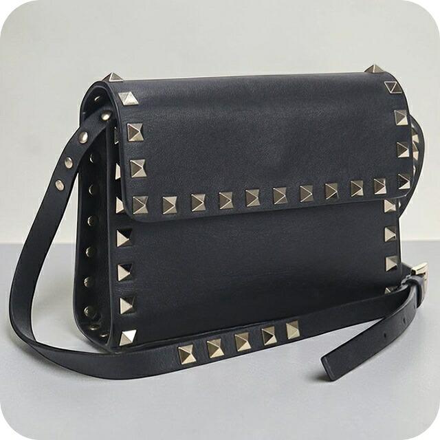 ヴァレンティノ VALENTINO ロゴ カバン 斜め掛け ポシェット スタッズ ショルダーバッグ レザー ブラック 新品同様 VALENTINO（ヴァレンティノ） ロゴ スタッズ カバン 斜め掛け