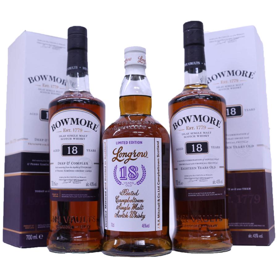 スモーキーな18年熟成3本セット ロングロウ18年46度、ボウモア18年43度