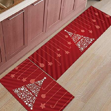 2 Pieces Kitchen Rug Mat Set Absorbent Soft Runner Carpets Merry Christmas Tree Cute Elk Dreamy Snowflake Gift Bulb Red Theme Non Slip Doorm並行輸入品
