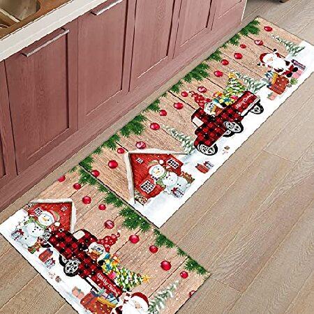2 Pieces Kitchen Rug Mat Set Abs0rbent S0ft Runner Carpets Merry Christmas Xmas Dwarf Tree with Gifts Red Plaid Truck Barn W00d B0ard N0n Sl並行輸入品
