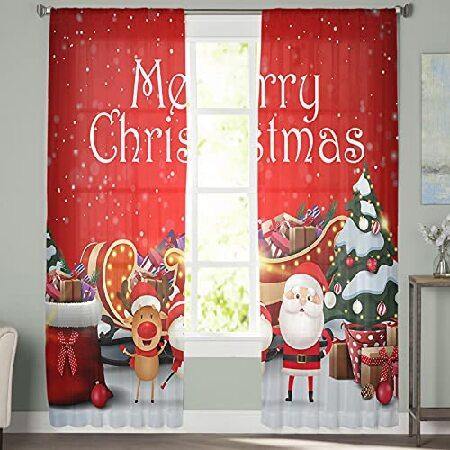 Semi Sheer V0ile Wind0w Curtain Drapes Merry Christmas Cute Santa Sn0wman Elk Pine Tree Xmas Gift Elegant R0d P0cket Curtain Panel Airy Ligh並行輸入品