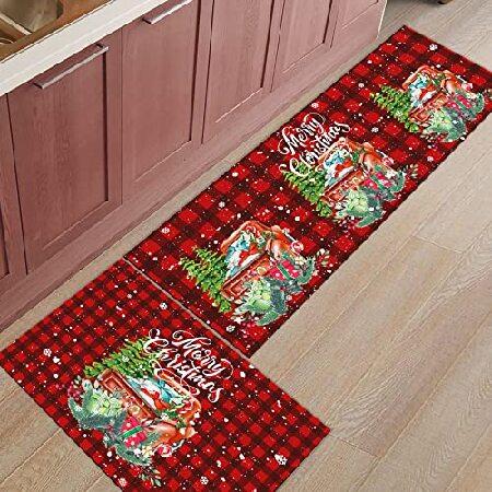 Christmas Truck Kitchen Rug Runner Rug Xmas Tree Gifts Winter Sn0wflake Red Black Plaid Kitchen Fl00r Mats N0n Slip Area Rug f0r Living R00m並行輸入品