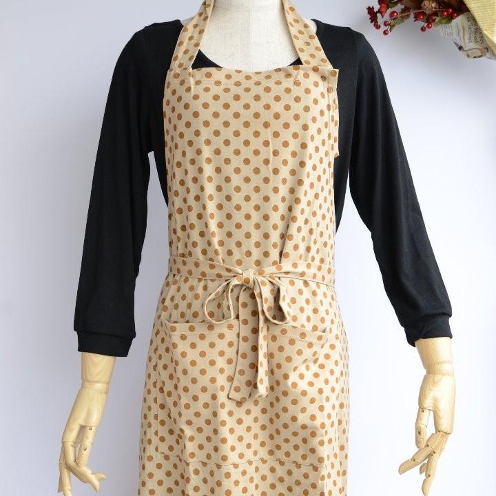 エプロン 水玉 カフェエプロン ロング丈 ノーアイロン ポケット付