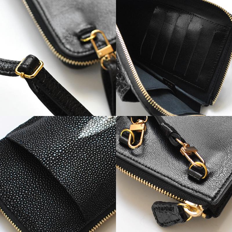 クロコダイル 携帯ショルダーバッグ ブラック レースレディース Lace Ladies クロコダイルレザー調2WAYスマホ