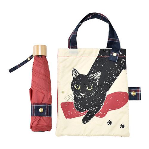 MKN 55cm耐風楽ミニ傘 吸水トートバッグ袋付 黒猫 レッド 取り寄せ商品