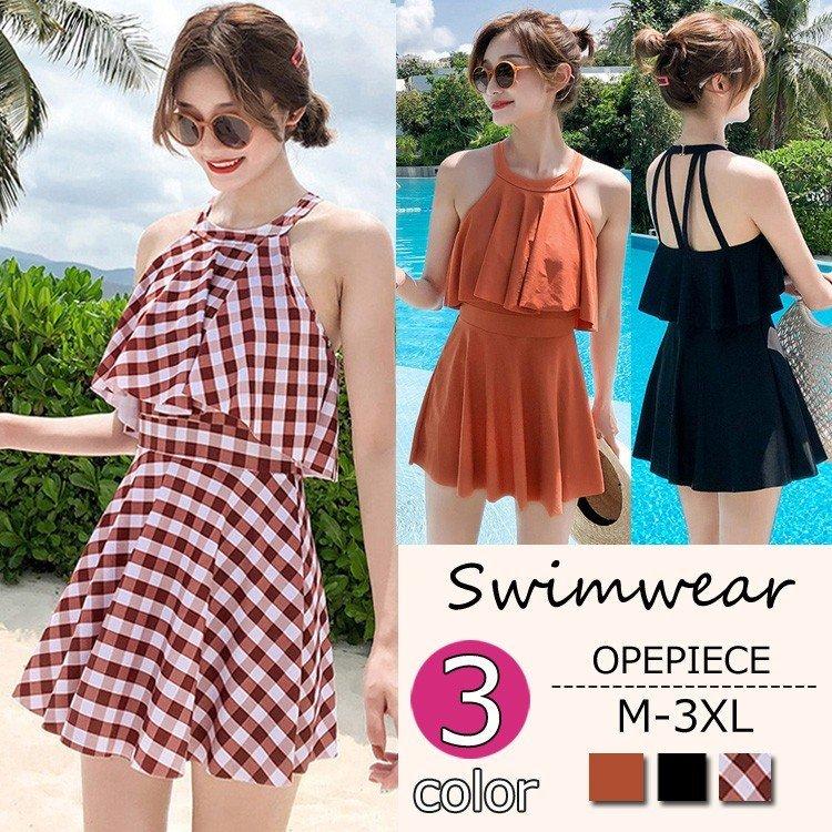 水着レディース 体型カバー 水着 ワンピース型 ショートパンツサロペット水着 チェック柄 フレア 水着 韓国風 40代 大きいサイズ 可愛い スイムウェア ママ水着 Sskmz Aura 通販 Yahoo ショッピング