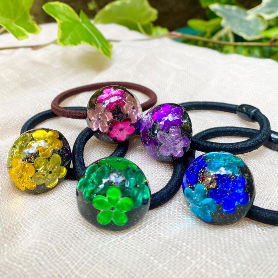 レジンヘアゴム 花型 くすみピンクマーブル