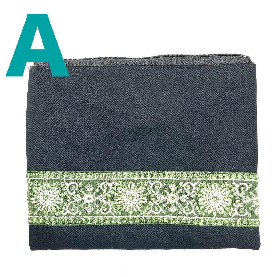 ブラックデニム生地にレースリボンのポーチ ファスナーポーチ 幅20cm