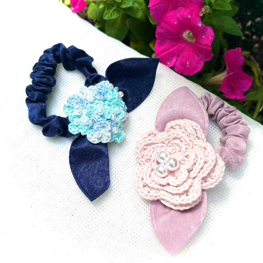 ヘアゴム お花のシュシュ 手編み 紫陽花 フラワー ハンドメイド