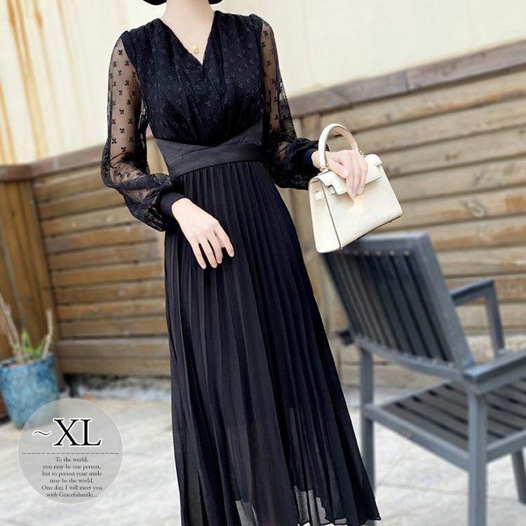 オリジナル 落ち着きのある透け感コーデ 長袖ワンピースレースvネックウエストマークアコーディオンプリーツロングワンピースファスナーモダンブラック卒業式入園式 ワンピース チュニック
