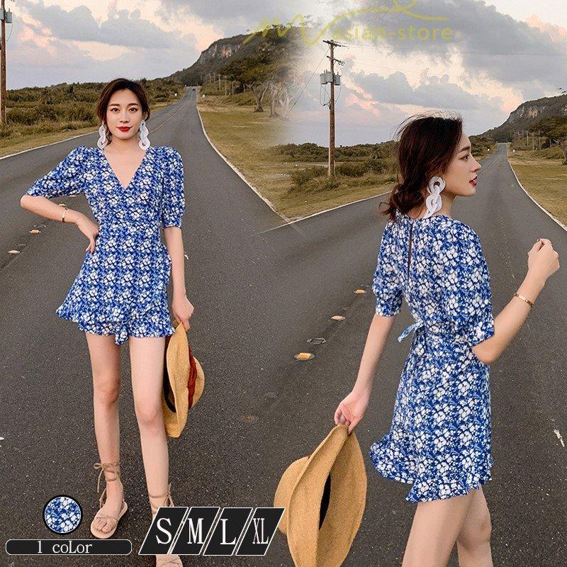 セール特別価格 オールインワン ワンピース 着痩せ Vネック キュロットスカート ショットパンツ レディース 上品 夏物 カジュアル 半袖 フランス風 復古風 パ Babylonrooftop Com Au