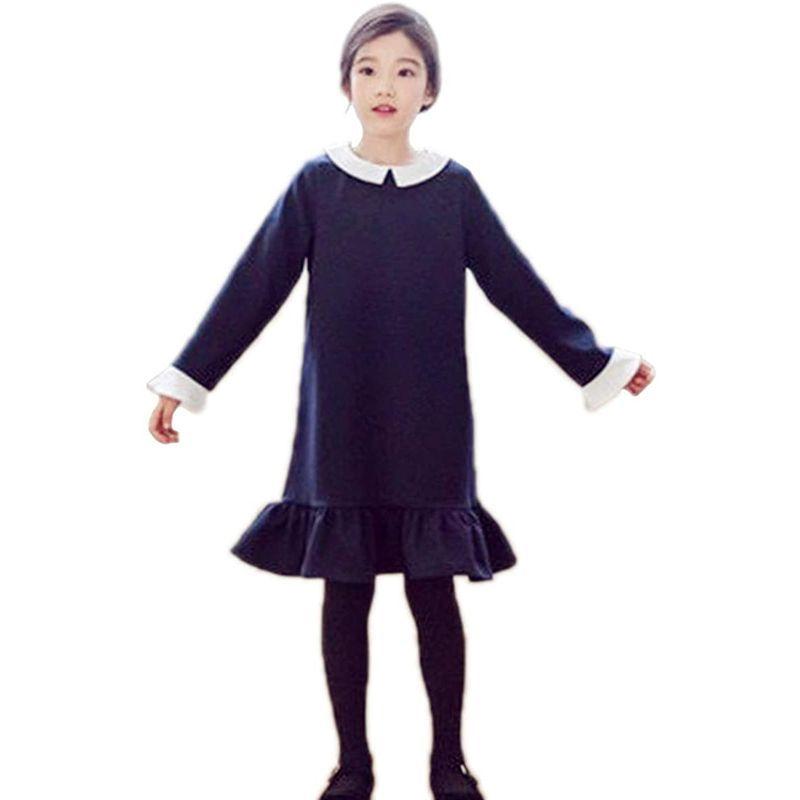 売れ筋介護用品も 長袖 白襟 ドレス 子供 ワンピース 女の子 フォーマル ネイビー 130cm 女の子 入学式 卒園式 発表会 女の子 子供服 ワンピース