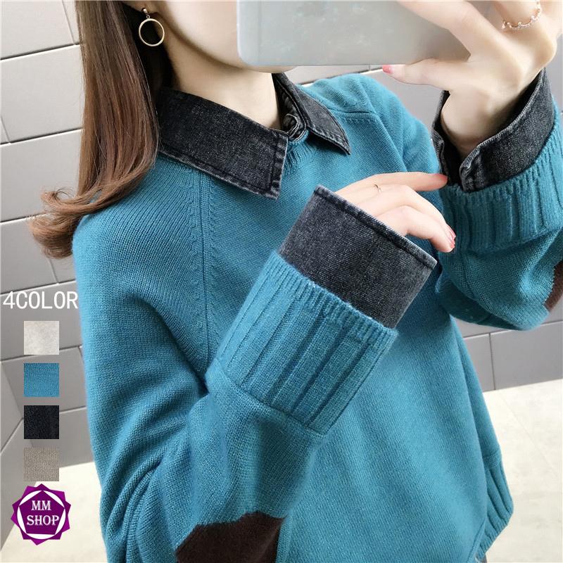 ニット セーター レディース 秋冬 折襟 ニットセーター プルオーバー 切り替え デニム 無地 ベーシック インナー 黒 シャツ ニットシャツ Xblo1929 Mm Shop 通販 Yahoo ショッピング