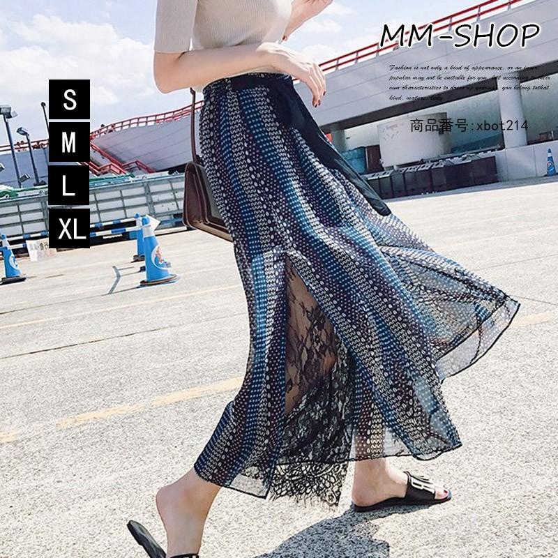 ガウチョパンツ パンツ レディース 七分丈 シフォン 花柄 夏 薄手 切り替え レース リゾート スリット リボン 夏物 大きいサイズ 体型カバー 代 Xbot214 Mm Shop 通販 Yahoo ショッピング