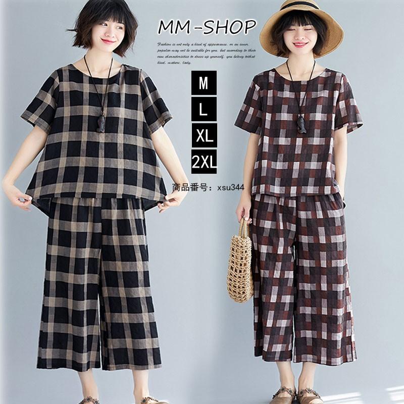 セットアップ ガウチョパンツ レディース 夏 リネン 綿麻 半袖 夏服 2点セット ワイドパンツ チェック柄 ゆったり 9分丈 上下セット 春 夏 Xsu344 Mm Shop 通販 Yahoo ショッピング