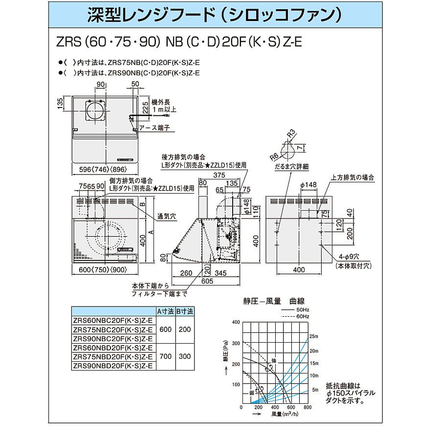 クリナップ　深型レンジフード（シロッコファン）　ZRS60NBD20FSZ-E　間口60cm　シルバー　本体と横幕板セット　高さ70cm