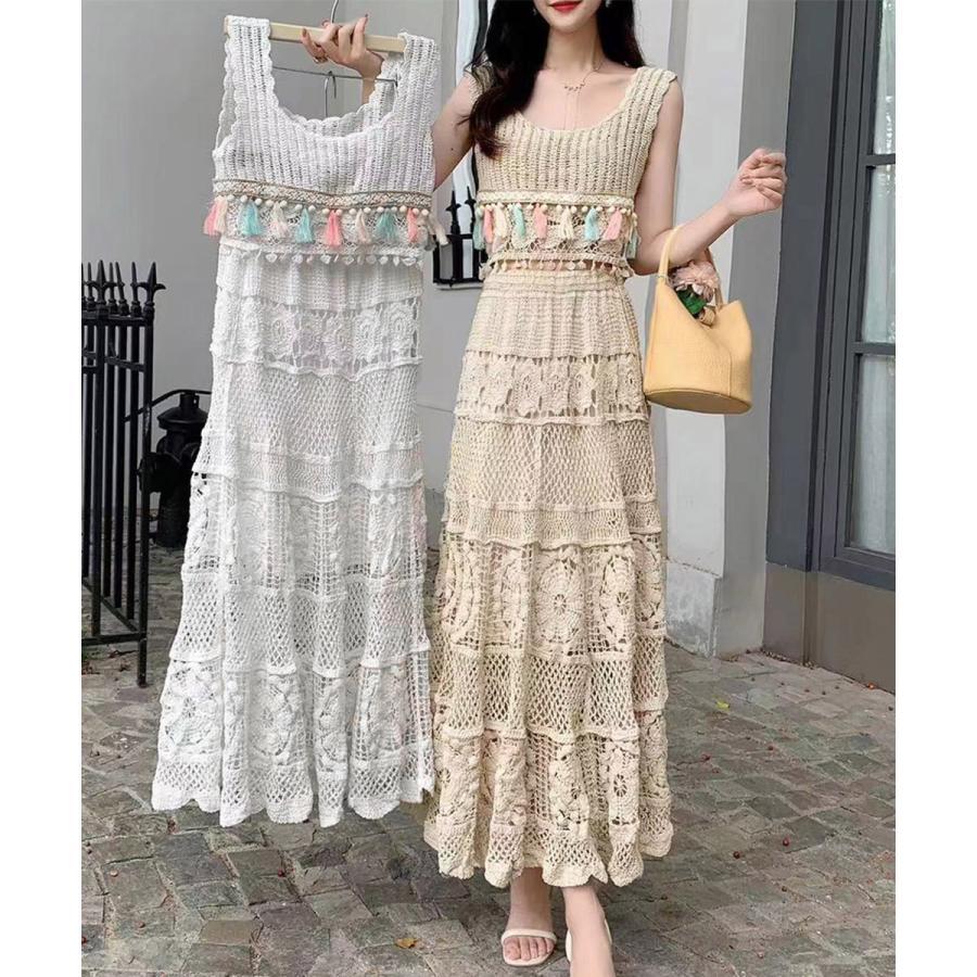 クロシェ編みセットアップ ボヘミアン夏服 南国旅行服 沖縄服 かぎ編み