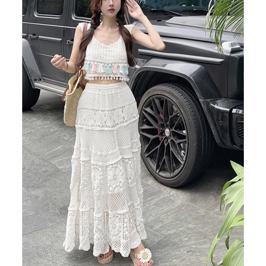 クロシェ編みセットアップ ボヘミアン夏服 南国旅行服 沖縄服 かぎ編み
