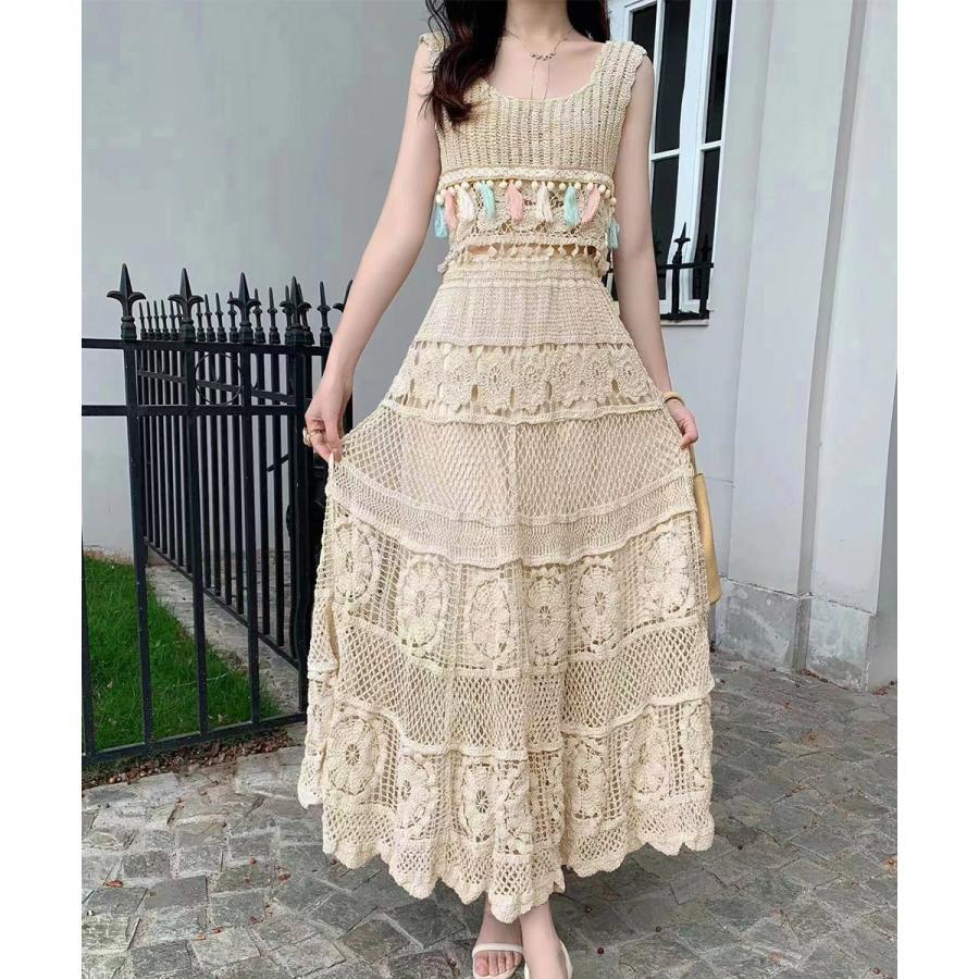 クロシェ編みセットアップ ボヘミアン夏服 南国旅行服 沖縄服 かぎ編み