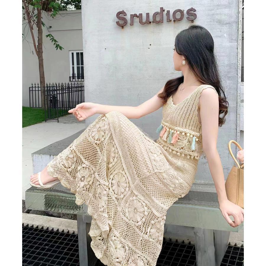 クロシェ編みセットアップ ボヘミアン夏服 南国旅行服 沖縄服 かぎ編み