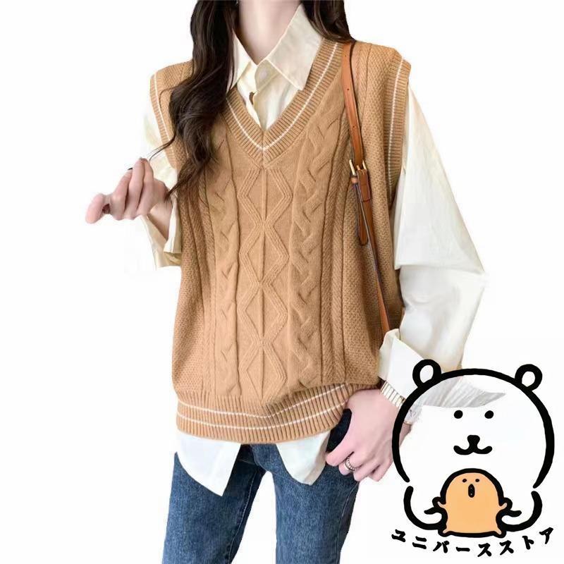 ニットベスト 制服 スクール ベスト Vネック ライン入り ケーブル編み 