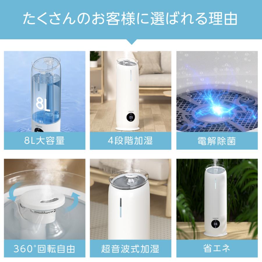 超音波加湿器 電解次生成器付き 大容量8L 四段階調節 上部給水 卓上