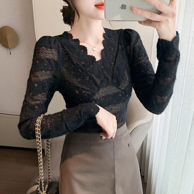 長袖カットソー Tシャツ レディース ガールズ トップス Vネック インナーウェア 長袖 プルオーバー レース 春秋コーデ ブラックxl 新しいブランド