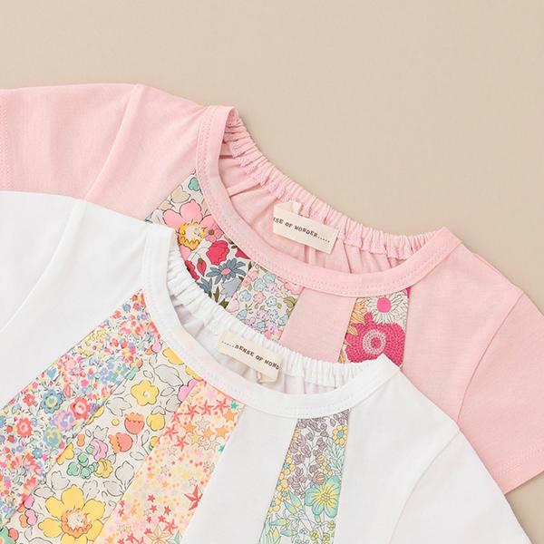 センスオブワンダーのリバティパッチワークTシャツ120オフホワイト&130ピンク センスオブワンダー(sense of wonder)リバティパッチワークTシャツ