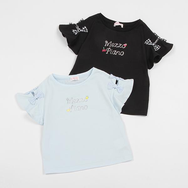 mezzo piano メゾピアノ(mezzo piano)肩開きリボン ロゴ半袖Tシャツ
