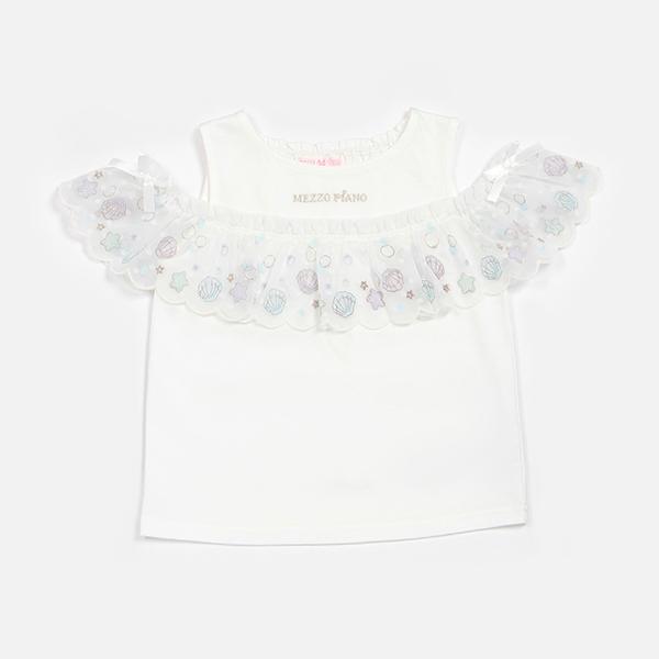 mezzo piano メゾピアノ(mezzo piano)シェル刺繍フリル 肩開き